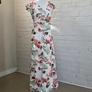 Montrez Tropical Floral Maxi Dress ┃ White Pink Green┃ Button Front & Rayon┃Lrg